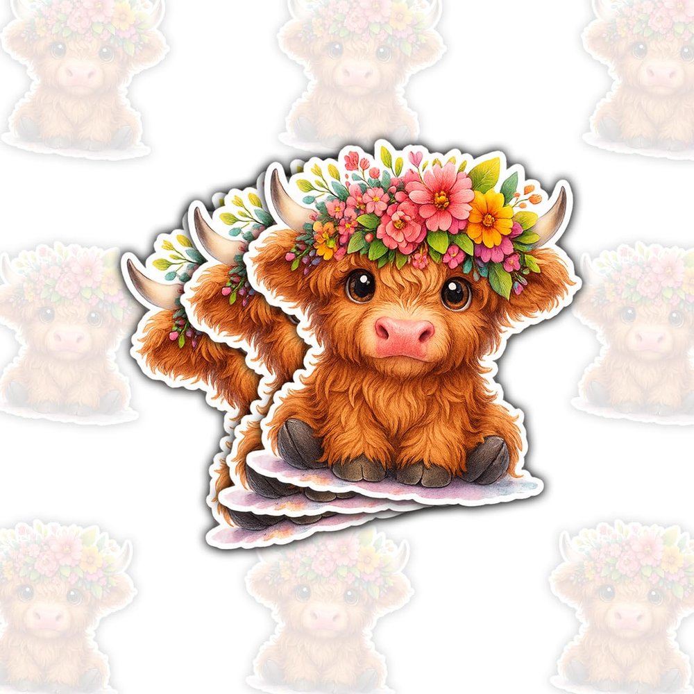 3 Pcs Cute Baby Highland Cow Stickers, Adorable Farm Animal Vinyl Decals Gifts for Cow Lovers, Kids, Teens, Friends, for Laptop, Water Bottle, Journals, Scrapbooks, Tumblers 7 Inches