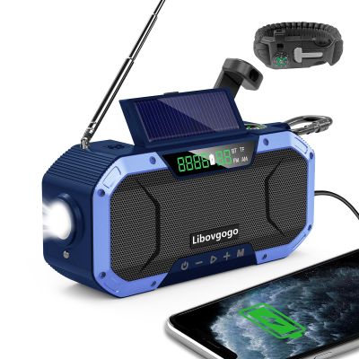Emergency Radio Waterproof Bluetooth Speaker,Portable AM FM Radio with 5000mAh/18500mWh Cell Phone Charger,Flashlight,Reading Lamp,Hand Crank NOAA Weather Radio with Solar Panel,Emergency Survival Kit