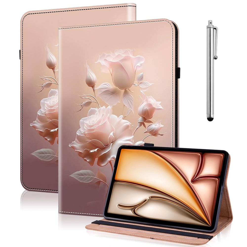 VODEFOX Case for Samsung Galaxy Tab S11 Ultra 14.6 Inch, PU Leather Tablet Cases Flip Folio Multi-Angle Viewing Stand Protective Cover with Card Slots - Ceramic Roses
