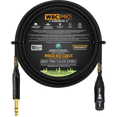 10 Foot - WBC-PRO-Quad Ultra-Silent Ultra-Flexible Balanced Star-Quad XLR to TRS Cable with Gold Neutrik NC3FXX-B Female XLR & NP3X-B Straight TRS Stereo Phone Plugs - Black Tweed Jacket