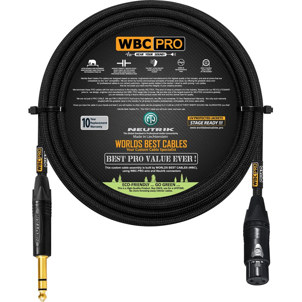 10 Foot - WBC-PRO-Quad Ultra-Silent Ultra-Flexible Balanced Star-Quad XLR to TRS Cable with Gold Neutrik NC3FXX-B Female XLR & NP3X-B Straight TRS Stereo Phone Plugs - Black Tweed Jacket