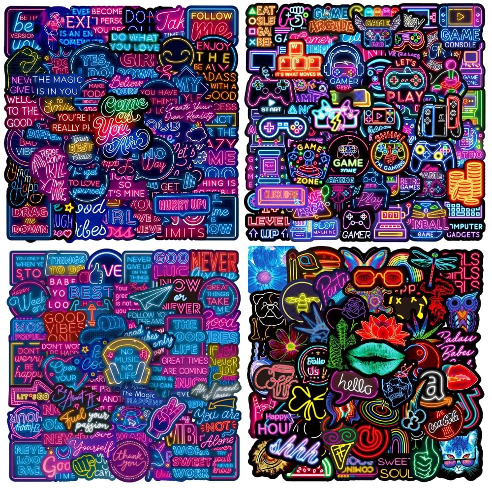AOZVPEV Motivational Inspirational Stickers 200 Pcs Positive Affirmation Quote Neon Sticker Packs, Cool Game Neon Stickers, Waterproof Vinyl Stickers for Water Bottles Laptop Phone