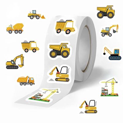 500Pcs Construction Vehicle Stickers Roll, 1 Rolls 10 Styles Self-Adhesive Stickers for Kids - Waterproof for Trucks, Excavators, Birthday Parties & Classroom Rewards (Vehicle)