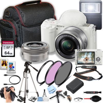 Sony ZV-E10 (White) Mirrorless Camera with 16-50mm Lens + 64GB Memory, Case, Gripster Tripod, Filters, Flash and More (28pc Camera Bundle) (Renewed)