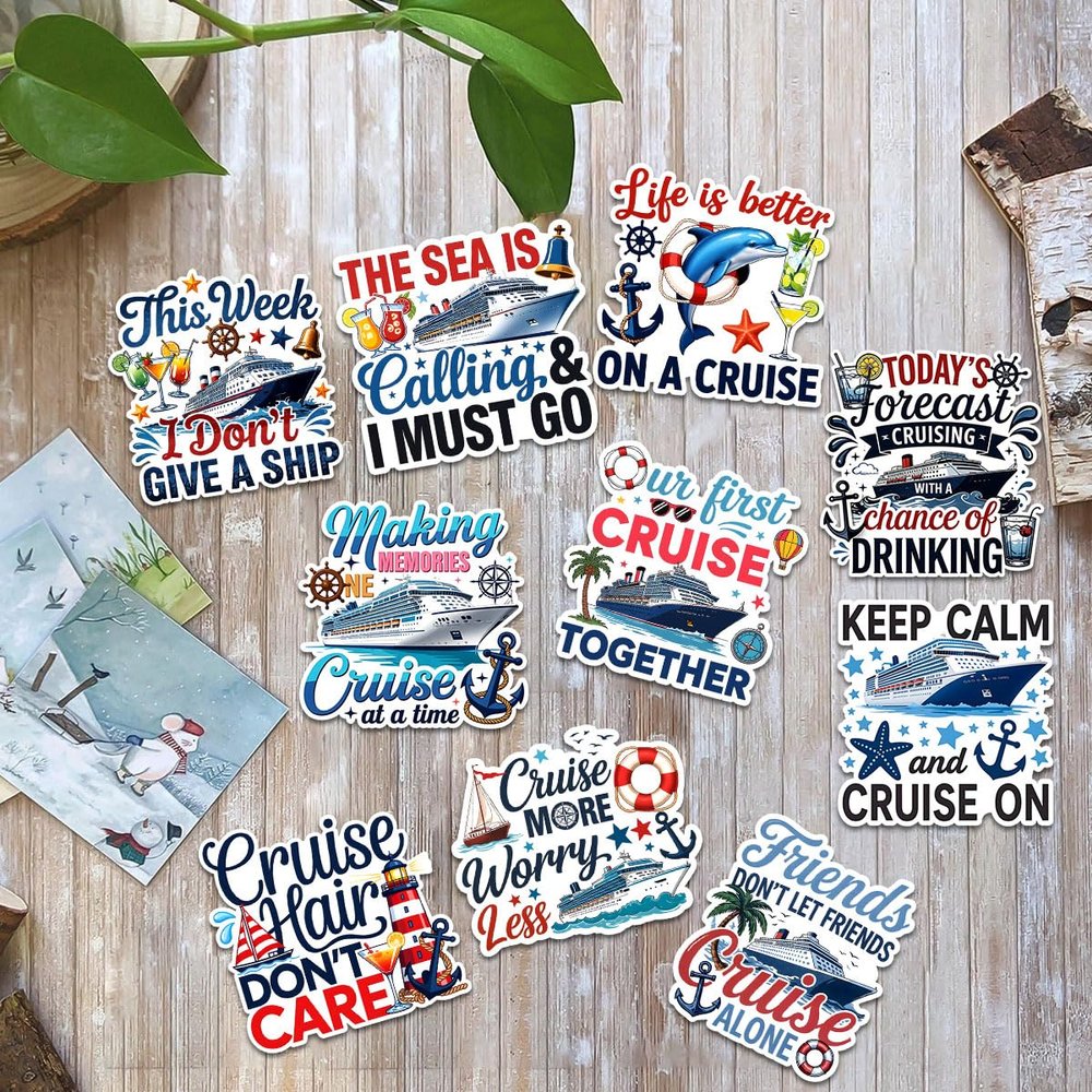 10 Pcs Cruise Stickers Pack Funny Vacation Travel Vinyl Decals for Scrapbook, Laptop, Water Bottle, Cruise Ship Lover Gift, Nautical Beach Ocean Stickers for Summer Holiday