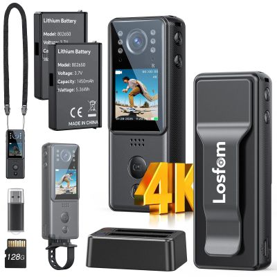Losfom 4K Body Camera with 2pcs Batteries, Small Body Cam with Video and Audio Recording, Z13 Mini Camera with Charging Dock&Night Vision, for Stuff, Outdoor, Vlogging,Daily Recording (128GB)