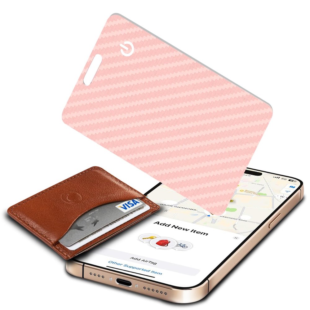 Vrebrey Wallet Tracker Card, Slim Rechargeable Bluetooth Item Locator, Smart Finder Compatible with Apple Find My for Wallet, Luggage, Passport, IP68 Waterproof (iOS Only) (Carbon Fiber Pink)