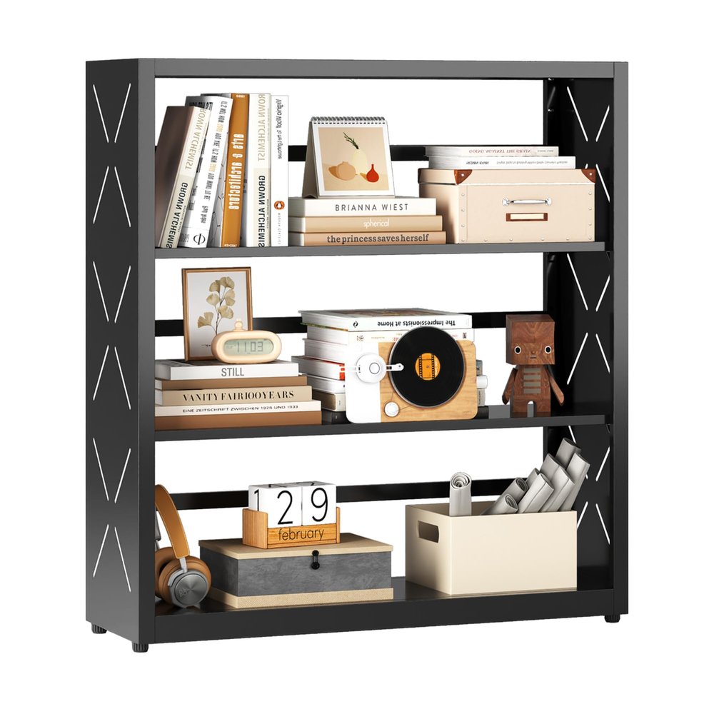 Kubohogar Book Shelf, 3 Tier Metal Bookshelf with Adjustable Shelves, Open Shelf Bookcase for Home Office & Living Room, CD Storage Racks, Black 31" Wide