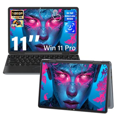 Svikou 11" Gray 2-in-1 Convertible Touchscreen Laptop, FHD (1920x1200) IPS Display,Celeron N150 Processor, 16GB RAM 512GB SSD, Facial Recognition, Backlit KB, USB-C,Win 11 Pro for Students & Travel