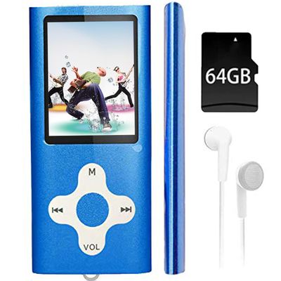 64GB MP3 Player,1.8 inch Screen Portable Music Player with Build-in Speaker/Photo/Video Play/FM Radio/Voice Recorder/E-Book Reader,Earphones/USB Included (Blue)