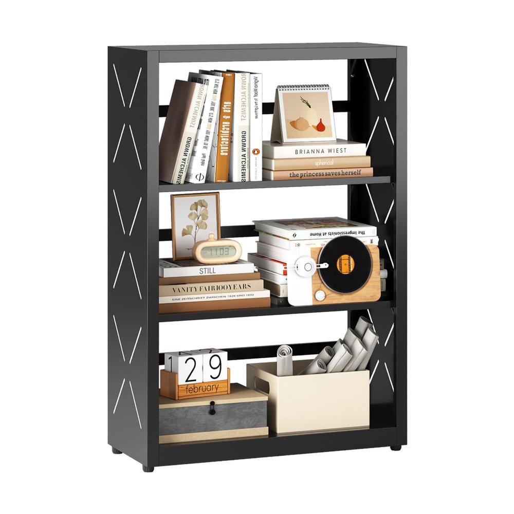 Kubohogar Book Shelf, 3 Tier Metal Bookshelf with Adjustable Shelves, Open Shelf Bookcase for Home Office & Living Room, CD Storage Racks, Black 23" Wide