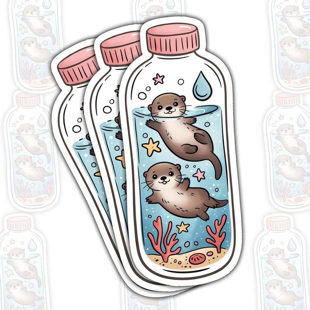 3 Pcs Otters in a Bottle Stickers, Cute Funny Cartoon Otter Vinyl Decals for Laptop, Notebook, Journal, Hydro Flask, Water Bottle, Tablet, Car, Gift for Teens, Kids, Students, Wildlife 7 Inches