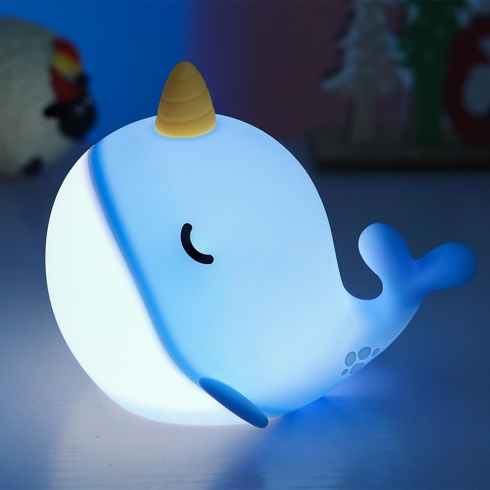 Fuloon Narwhal Night Light with Whale Shape, Squishy Silicone Kids Lamp, Safe & Soothing Touch Control for Kids and Babies, USB-C Rechargeable, 30-Min Auto Timer, Gift Idea (Blue)