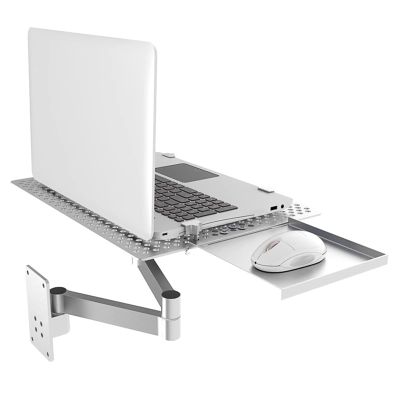 Adjustable Rotating Laptop Wall Mount with Mouse Tray Full Motion Articulating Arm, Vented Cooling Platform, 8kg Capacity for Home Office, Gaming & Ergonomic Workspaces