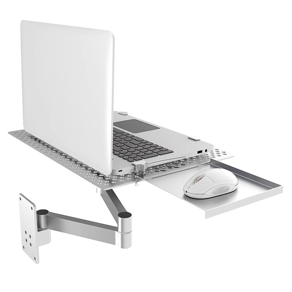 Adjustable Rotating Laptop Wall Mount with Mouse Tray Full Motion Articulating Arm, Vented Cooling Platform, 8kg Capacity for Home Office, Gaming & Ergonomic Workspaces