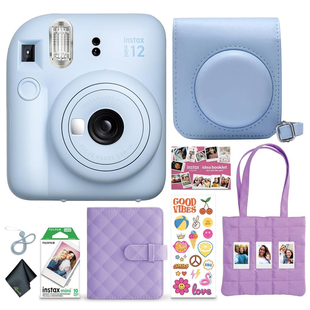 FUJIFILM Instax Mini 12 Instant Film Camera 2025 Holiday Bundle (Blue) + Compatible Carrying Case + Microfiber Cleaning Cloth