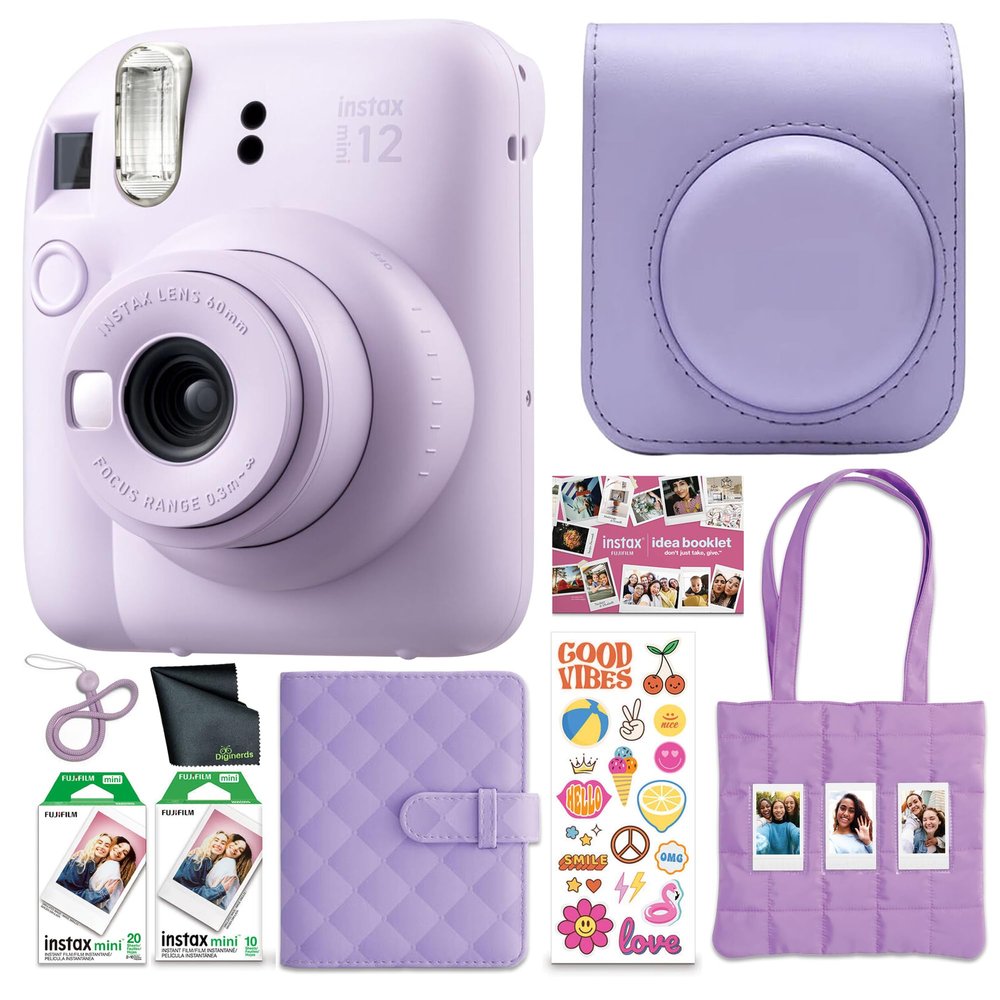 FUJIFILM Instax Mini 12 Instant Film Camera 2025 Holiday Bundle (Purple) + Compatible Carrying Case + Fuji Film Value Pack (20 Sheets) + Microfiber Cleaning Cloth