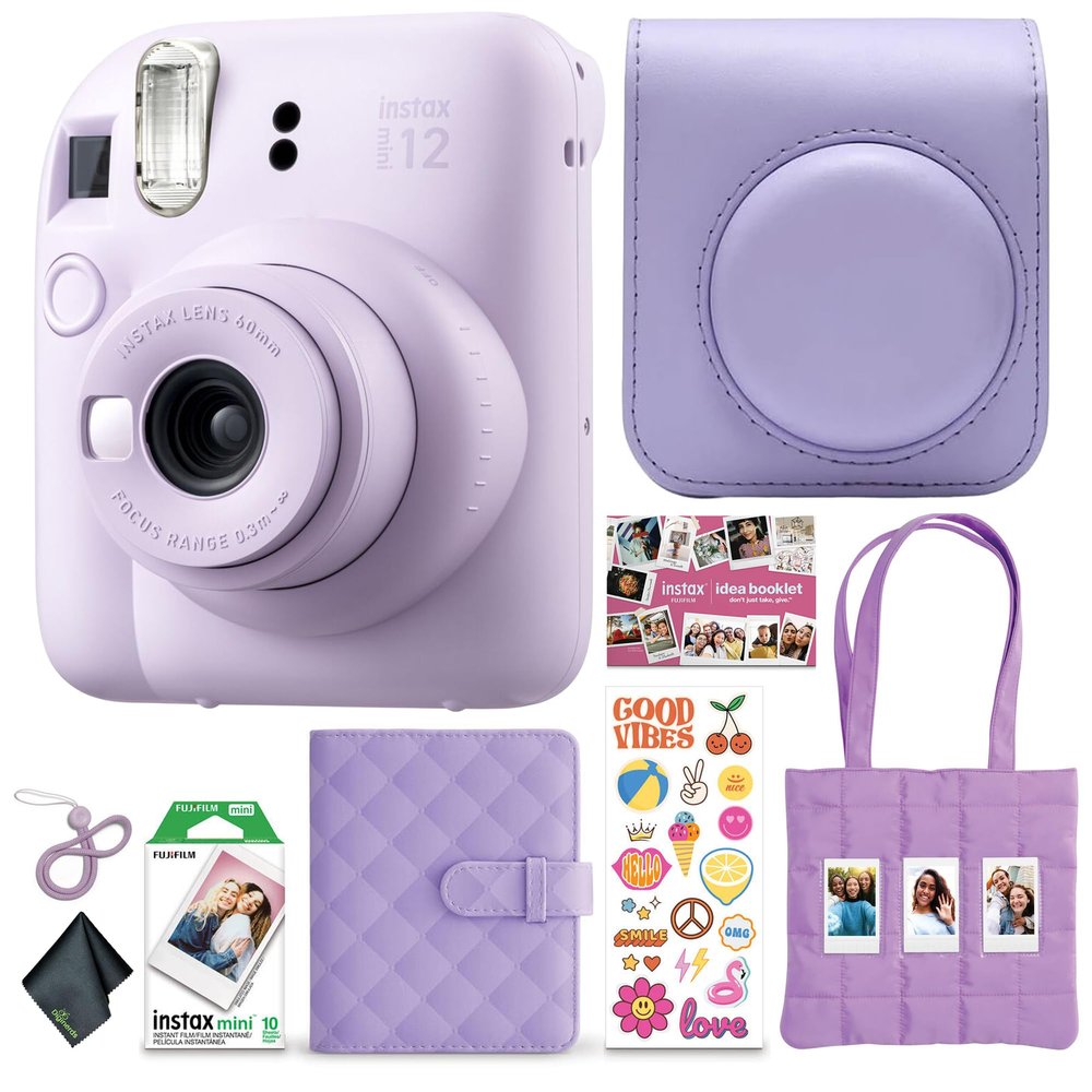 FUJIFILM Instax Mini 12 Instant Film Camera 2025 Holiday Bundle (Purple) + Compatible Carrying Case + Microfiber Cleaning Cloth