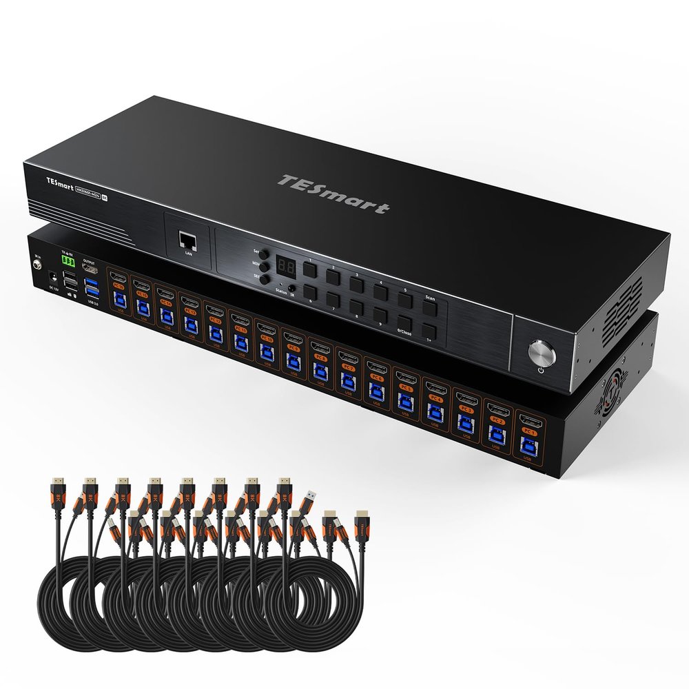 TESmart 16 Port HDMI KVM Switch 8K@60Hz, USB 3.0 16X1 Rackmount KVM Enterprise-Grade EDID Emulator | Hotkey Switch | RS232 | HDCP 2.3 | IR Remote | IP Control | Auto Scan | with 8 Pcs 5ft KVM Cable