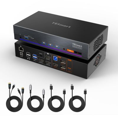 (DisplayLink MacBook) TESmart 4K@60Hz KVM Switch 3 Monitors for 1 MacBook & 1 Desktop, MST&EDID Triple Monitor KVM USB-C 100W PD, Gigabit LAN, USB 3.0, Button&Hotkey Switch, Include All Input Cables
