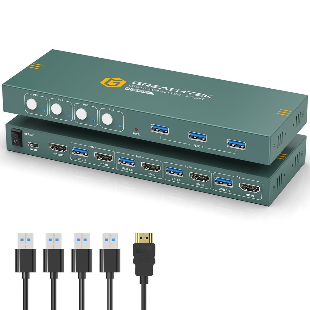 4K@60Hz Dual Monitor KVM Switch 4 Port for 4 PCs Share 2 Monitors, Support Button Switch, Adaptive EDID, 4 in 2 Out(A)