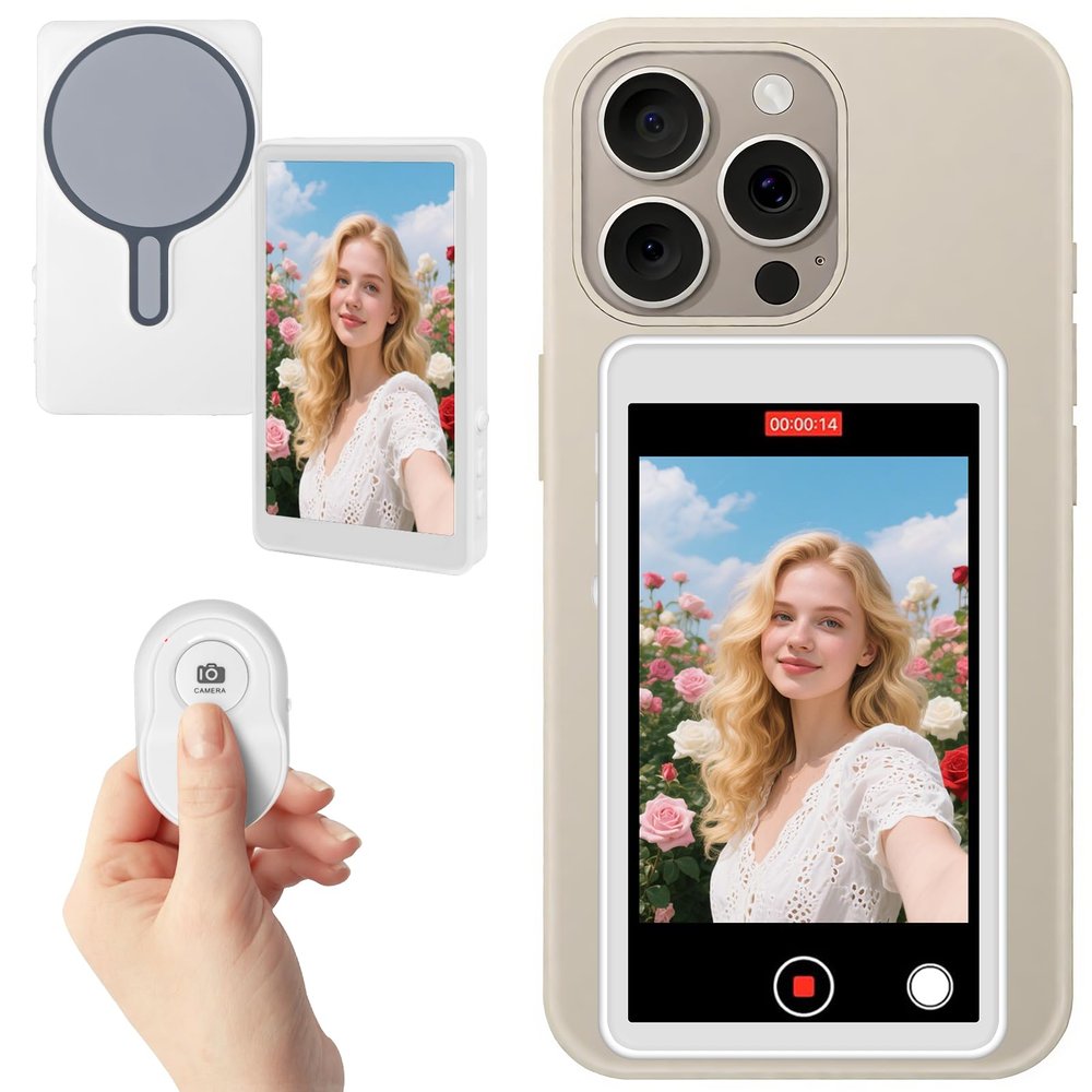 2025 Wireless Selfie Monitor Screen for iPhone & Android, 1800mAh Magnetic Phone Vlog Selfie Screen with Bluetooth Remote, 3-Level Brightness, Mirroring Back Camera TikTok Live S1