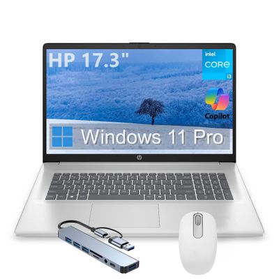 HP 17.3" Business BrightView Laptop, Intel i3 8-Core Processor, 32GB RAM, 512GB PCI-E SSD, HDMI, USB-C, Windows 11 Pro with Copilot, Includes Hub and Mouse, Intel UHD Graphics, Silver