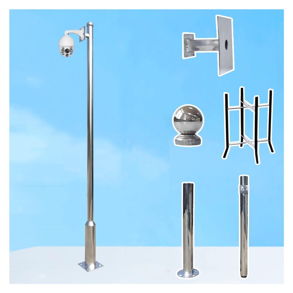 Surveillance Camera Pole 2-6m, Security Camera Pole Outdoor with Bracket & Ground Base Cage, Stainless Steel Universal Surveillance Camera Post Stand(ligjt grey,19.7 ft/600cm)