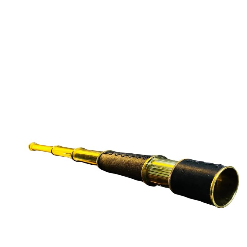 Vintage Brass Telescope, Victorian Nautical Style, Brown Leather Wrapped, 18 Inch Length, 4X Fold Design with Glass Lens
