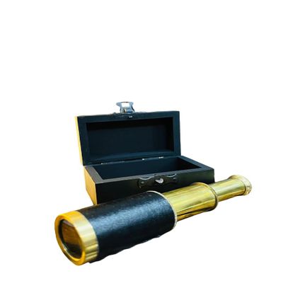 Vintage Style Brass Telescope with Leather Sheath, 6-Inch Spyglass, Nautical Collectible with Wooden Box (Brass Finish)