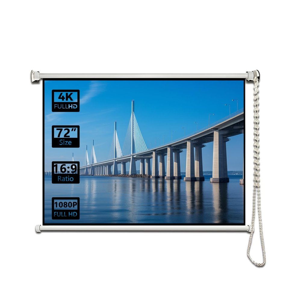 72 Inch Manual Roll Projection Screen, 16:9 HD 4K Projector Movie Screen for Home Theater, Office, Camping, Wall Mount