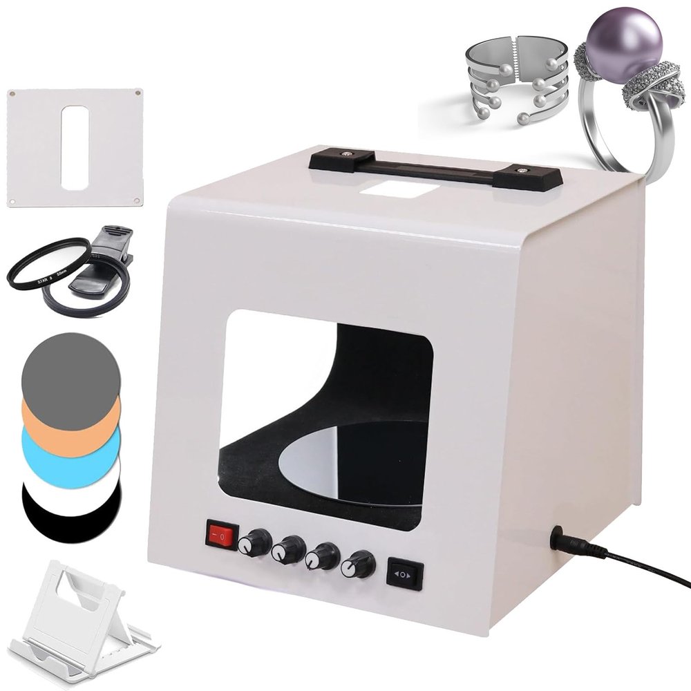 DUXMM Professional Jewelry Photography Light Box Kit,Smart Photography Turntable 20/30cm,with 360 Electric Rotating Feature, 4pcs Fill Lights-Adjustable Brightness,for Jewelry, Small Items TB300