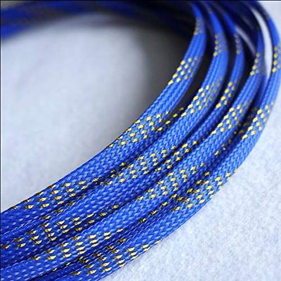 10M Expandable PET Cable Sleeves - Flat Tight Braided Wire Snakeskin Cord Protector for Various Cable Sizes(Blue Golden,12mm)