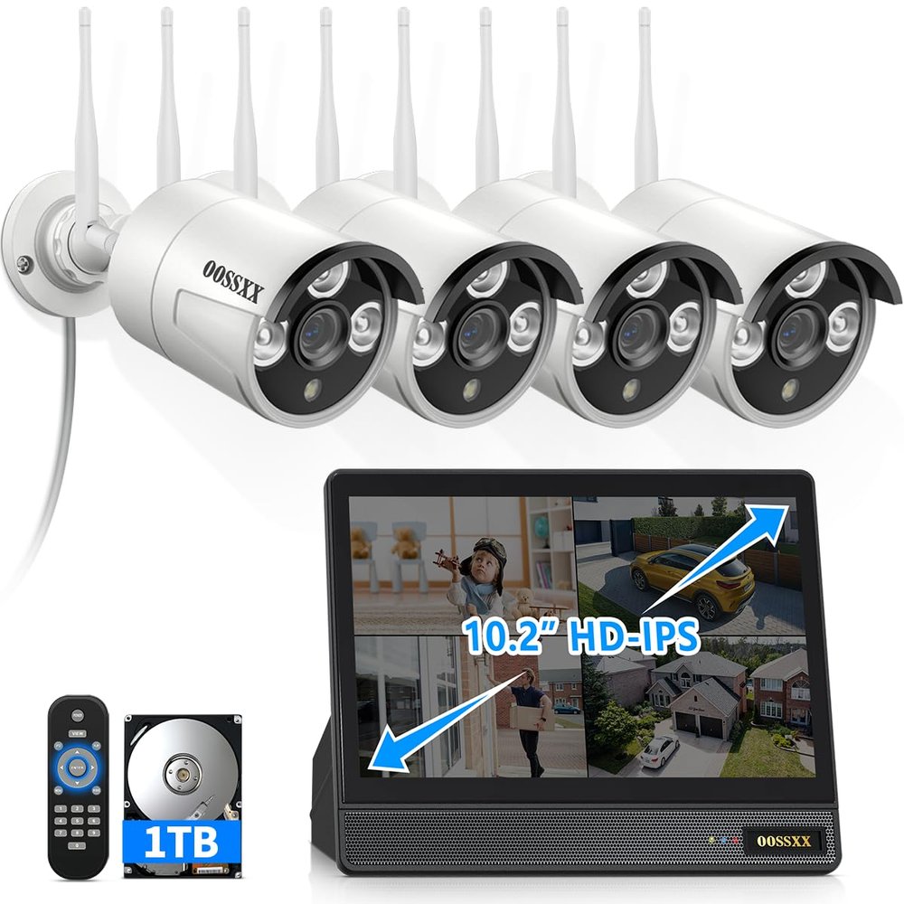OOSSXX (HD IPS Monitor) Dual Antennas Wi-Fi Enhanced AI Human Detected Wireless Outdoor Security Camera System, Home Video Surveillance Indoor, IP67 Waterproof