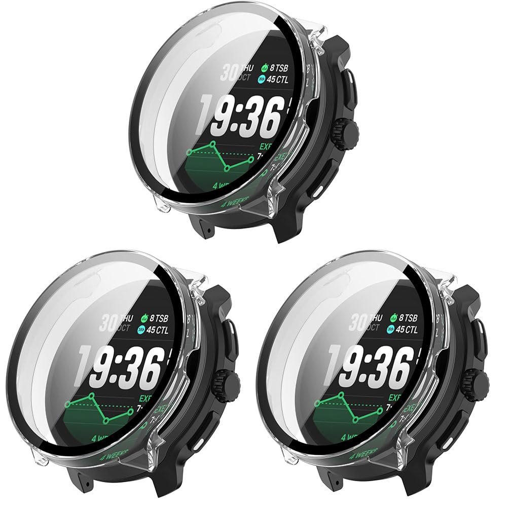 3 Pack Hard Case for Suunto Race 2 with Screen Protector, Hard PC Protective Case Shockproof Anti-Scratch Bumper Cover with Tempered Glass (Clear/Clear/Clear)
