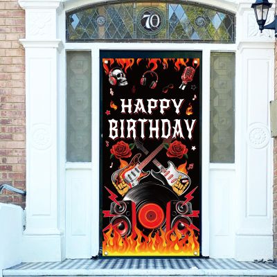 arricraft 1 Pc Music Theme Polyester Door Cover, Rock and Roll Party Born to Rock Backdrop Banner Door Porch Sign Photography Background for Party Porch Home Decor Accessories