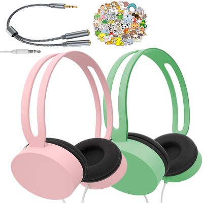 2 Pack Kids Headphones with Music Sharing Splitter & Fun Stickers, Wired Over-Ear Headphones for School, Tablet & iPad, 3.5mm Plug, Adjustable Headband, Soft Earpads, Durable 4ft Tangle-Free Cord