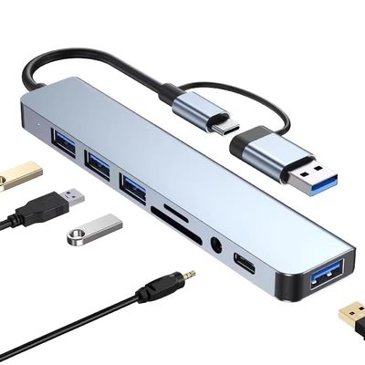 8-in-1 USB 3.0 Multiport Hub with Type-C Dock Supports TF/SD Reading 3.5mm Audio