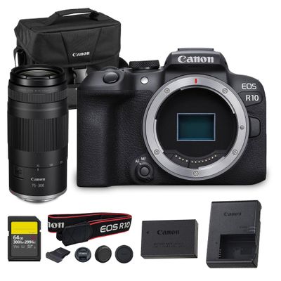 Canon EOS R10 Mirrorless Camera 24.2MP APS-C Sensor 4K Video Dual Pixel AF Compact Lightweight Vlogging Travel Camera (5331C002) + Canon RF 75-300mm Lens + 64GB Card + Bag