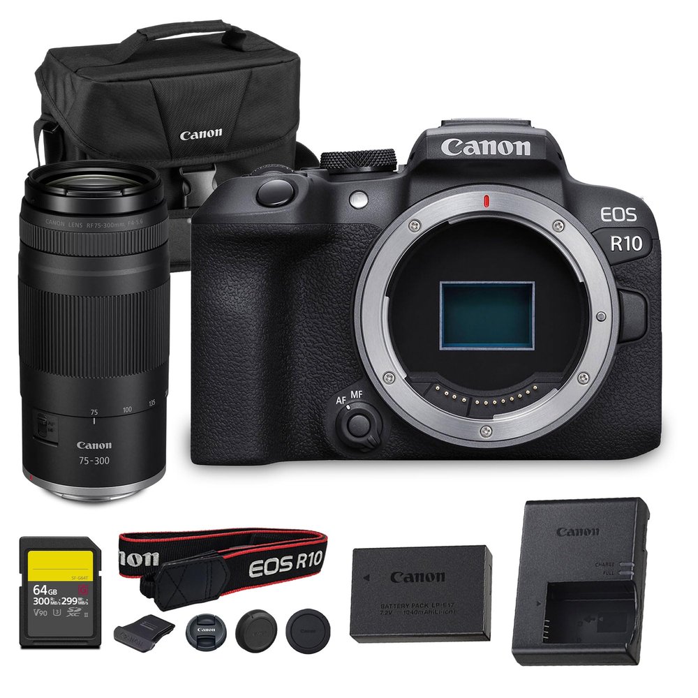 Canon EOS R10 Mirrorless Camera 24.2MP APS-C Sensor 4K Video Dual Pixel AF Compact Lightweight Vlogging Travel Camera (5331C002) + Canon RF 75-300mm Lens + 64GB Card + Bag