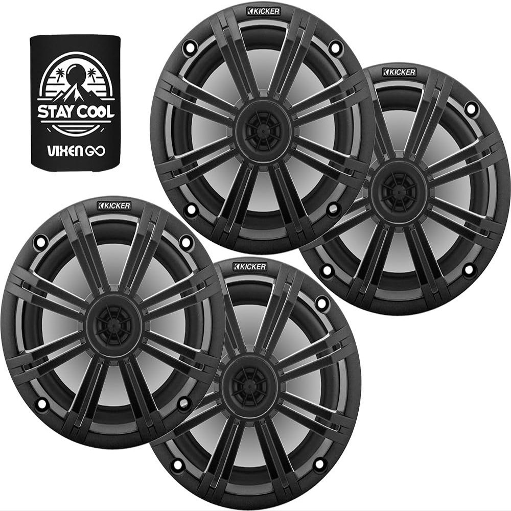 KICKER 6.5" Marine Speakers (2 Pairs) OEM Replacement Coaxial Speakers for Boat with Charcoal Grilles 4-ohm. Water and Weather Resistant 41BKM614(4)+45BKMG6C(4)