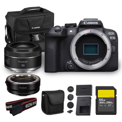 Canon EOS R10 Mirrorless Camera 24.2MP APS-C Sensor 4K Video Dual Pixel AF Compact Lightweight Vlogging Travel Camera (5331C002) + Canon RF 50mm f/1.8 STM Lens + Adapter EF-EOS R + 64GB Card + Bag