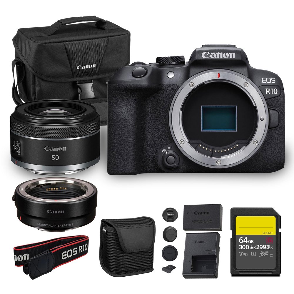 Canon EOS R10 Mirrorless Camera 24.2MP APS-C Sensor 4K Video Dual Pixel AF Compact Lightweight Vlogging Travel Camera (5331C002) + Canon RF 50mm f/1.8 STM Lens + Adapter EF-EOS R + 64GB Card + Bag