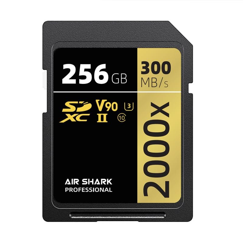 Air Shark Professional SD Memory Card V90, 256GB, Dual Row Gold Finger UHS-II, 300MB/s Speed, Level 10