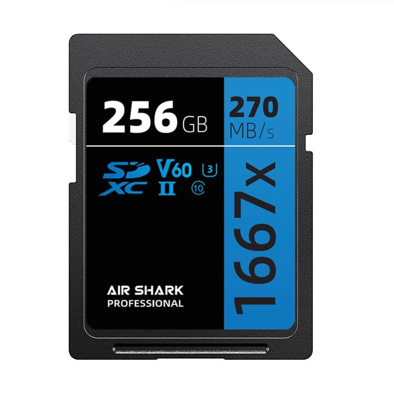 Air Shark Professional SD Memory Card V60, 256GB, Dual Row Gold Finger UHS-II, 270MB/s Speed, Level 10