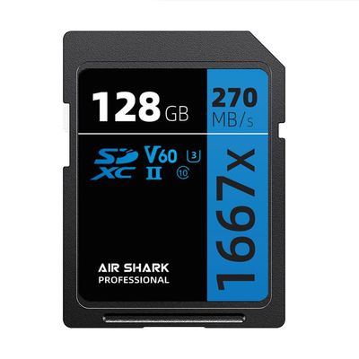 Air Shark Professional SD Memory Card V60, 128GB, Dual Row Gold Finger UHS-II, 270MB/s Speed, Level 10