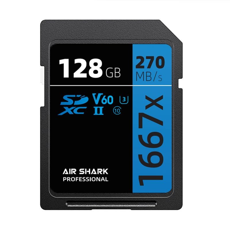 Air Shark Professional SD Memory Card V60, 128GB, Dual Row Gold Finger UHS-II, 270MB/s Speed, Level 10
