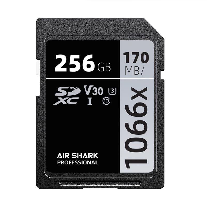 Air Shark Professional SDXC Memory Card, 256GB, V30 Class 10, 170MB/s Transfer Speed