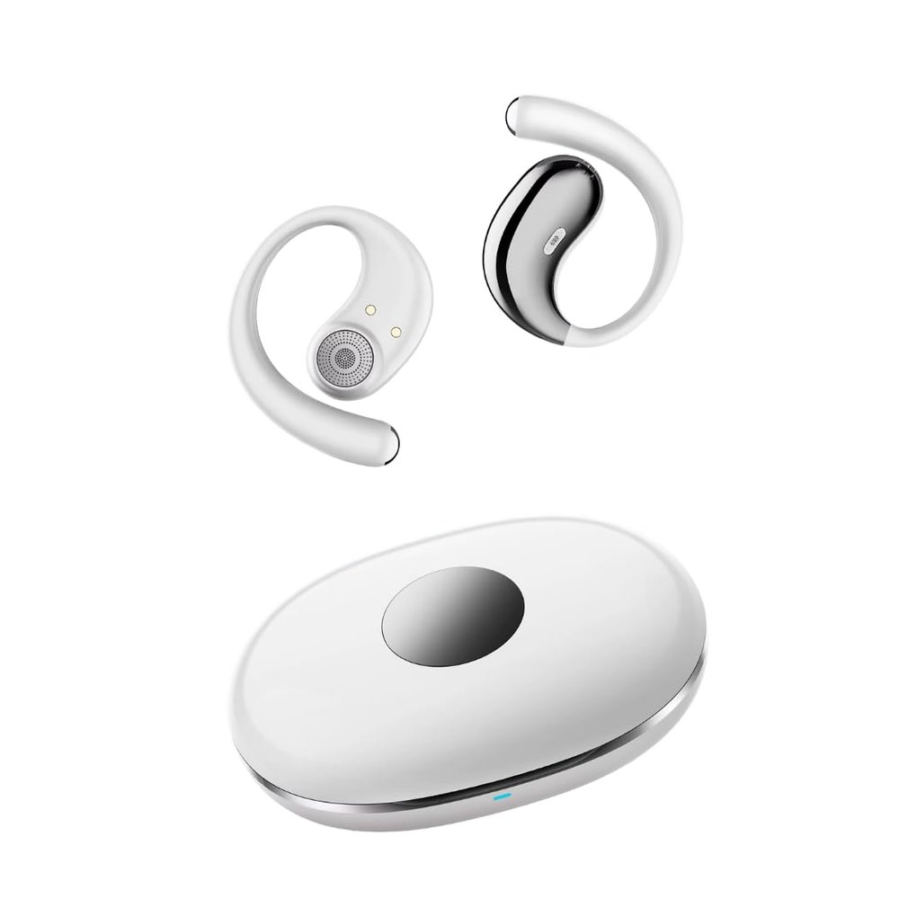 Wireless Open Ear Bluetooth Headphones, Black, Outside Ear Hanging Design with Charging Base, Over-Ear Style Earbuds Air Conduction Sound Open Wearing Ear-Hook TWS Earbuds (White/Silver)
