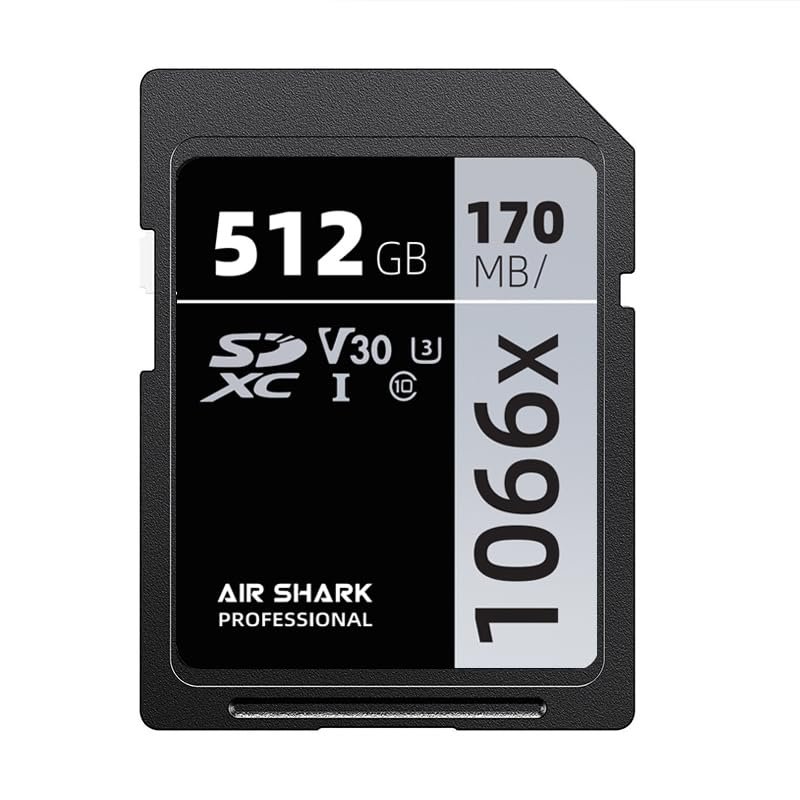 Air Shark Professional SDXC Memory Card, 512GB, V30 Class 10, 170MB/s Transfer Speed